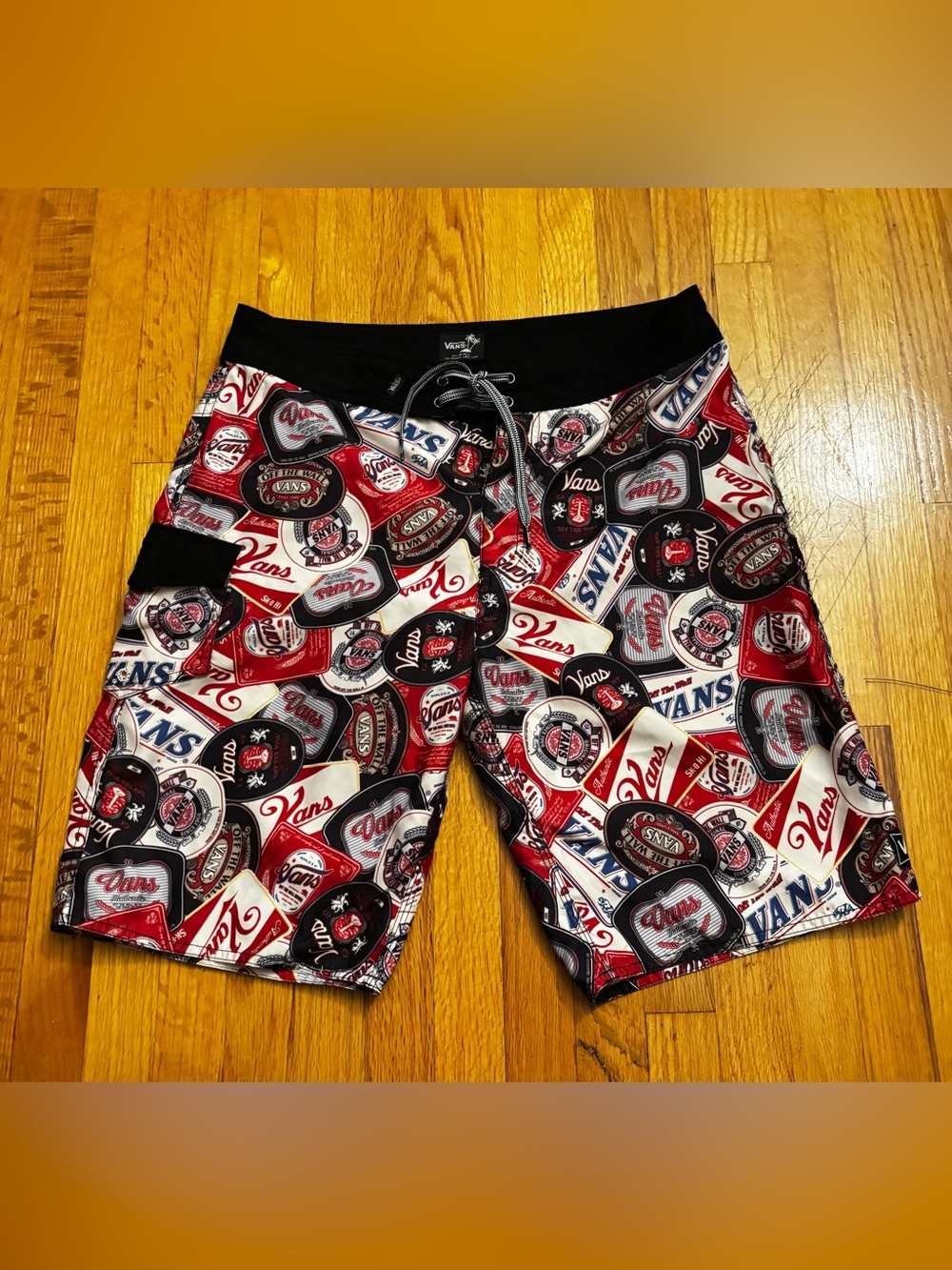 VANS Men's Graphic Board Shorts 32 Red White Black Blue Drawstring Pockets